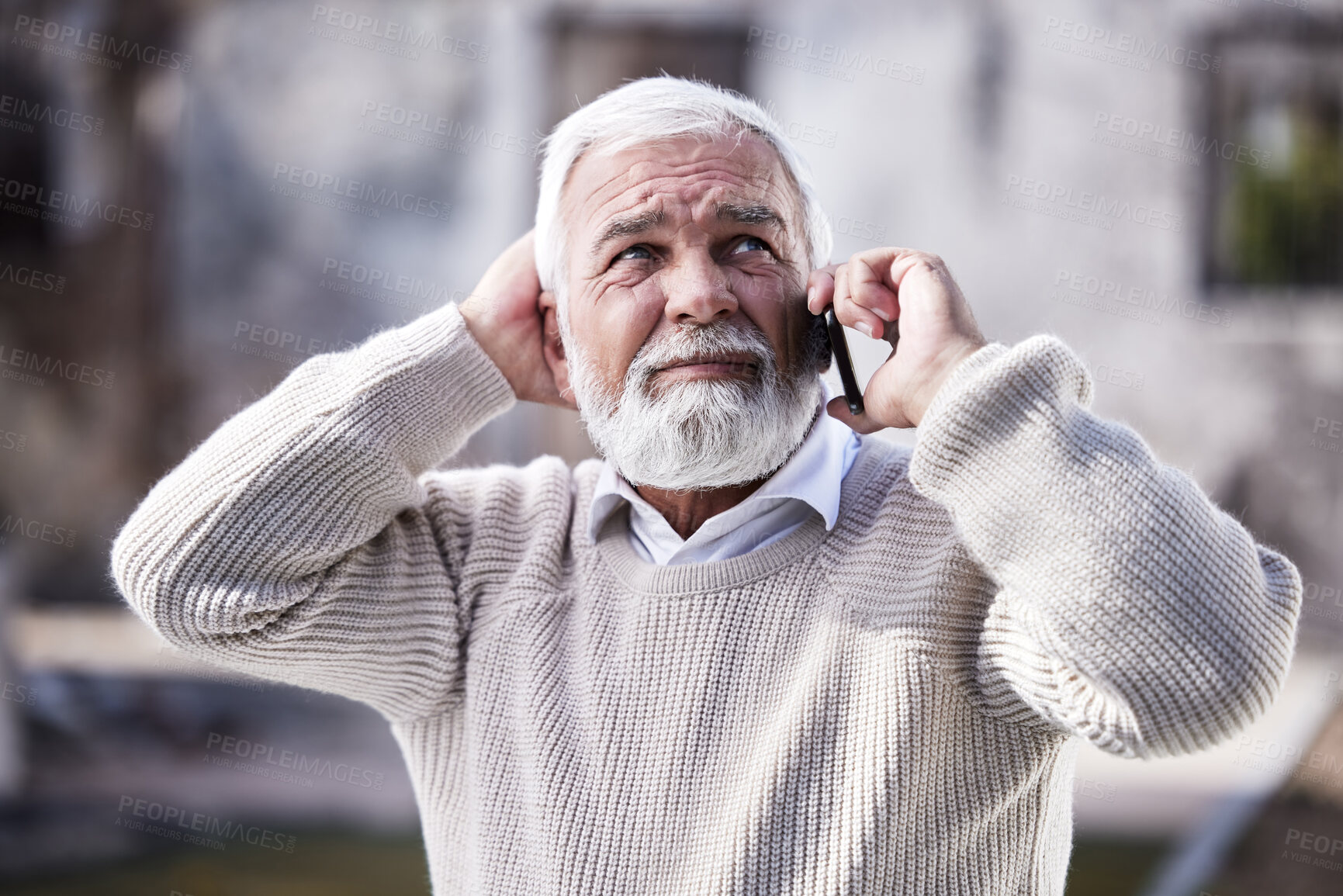 Buy stock photo Phone call, senior man and lost or confused in garden for retirement, crisis and communication. Alzheimers, mental health and fear or male person with technology and conversation for directions