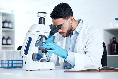 Buy stock photo Man, microscope and analysis research in laboratory, biochemist and innovation healthcare study or virus sample. Investigation, cure development and examine or breakthrough, medical and equipment
