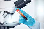 Closeup of the hand of a male scientist holding a blood sample in a small glass test tube for hospital research. Medical professional analyzing a vial in a laboratory while wearing protective gloves