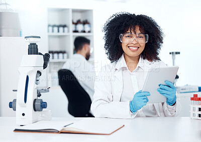 Buy stock photo Woman, scientist and happy at lab with tablet on portrait for online medical research, information and knowledge. Female employee, intern and smile or proud with career growth and opportunity