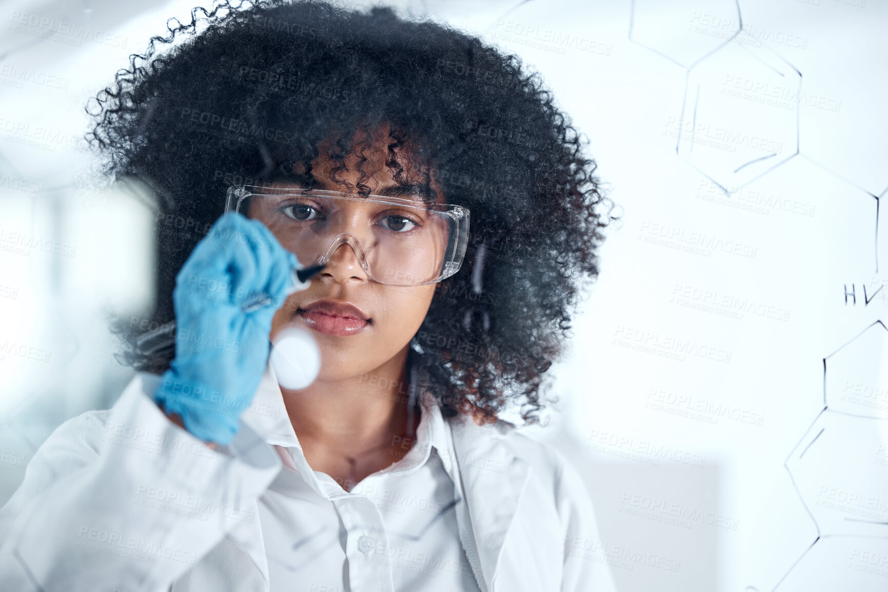 Buy stock photo Woman, scientist and writing equation in laboratory, problem solving and science on glass for innovation. Life extension, drug development and chemical formulation, molecule balancing and analysis