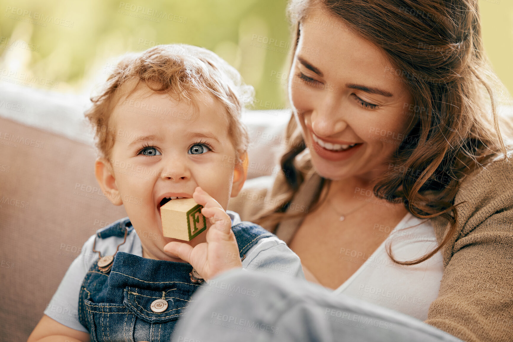 Buy stock photo Baby, woman and toy blocks in home for bonding, child development and learning for motor skills. Toddler, mother and alphabet puzzle in education, skill and care for cognitive ability, growth and fun