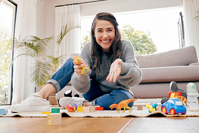 Buy stock photo Baby, pov and portrait with woman, toys and playroom for toddler with parent, cheerful and happy. Female person, home and child development for motor skills, cognition or behavior for bonding or care