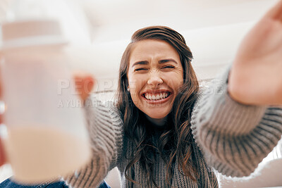 Buy stock photo Baby, pov and woman with excited, low angle and play with infant as cheerful, happy and parent. Female person, home and child development for motor skills, cognition or behavior for bonding or care