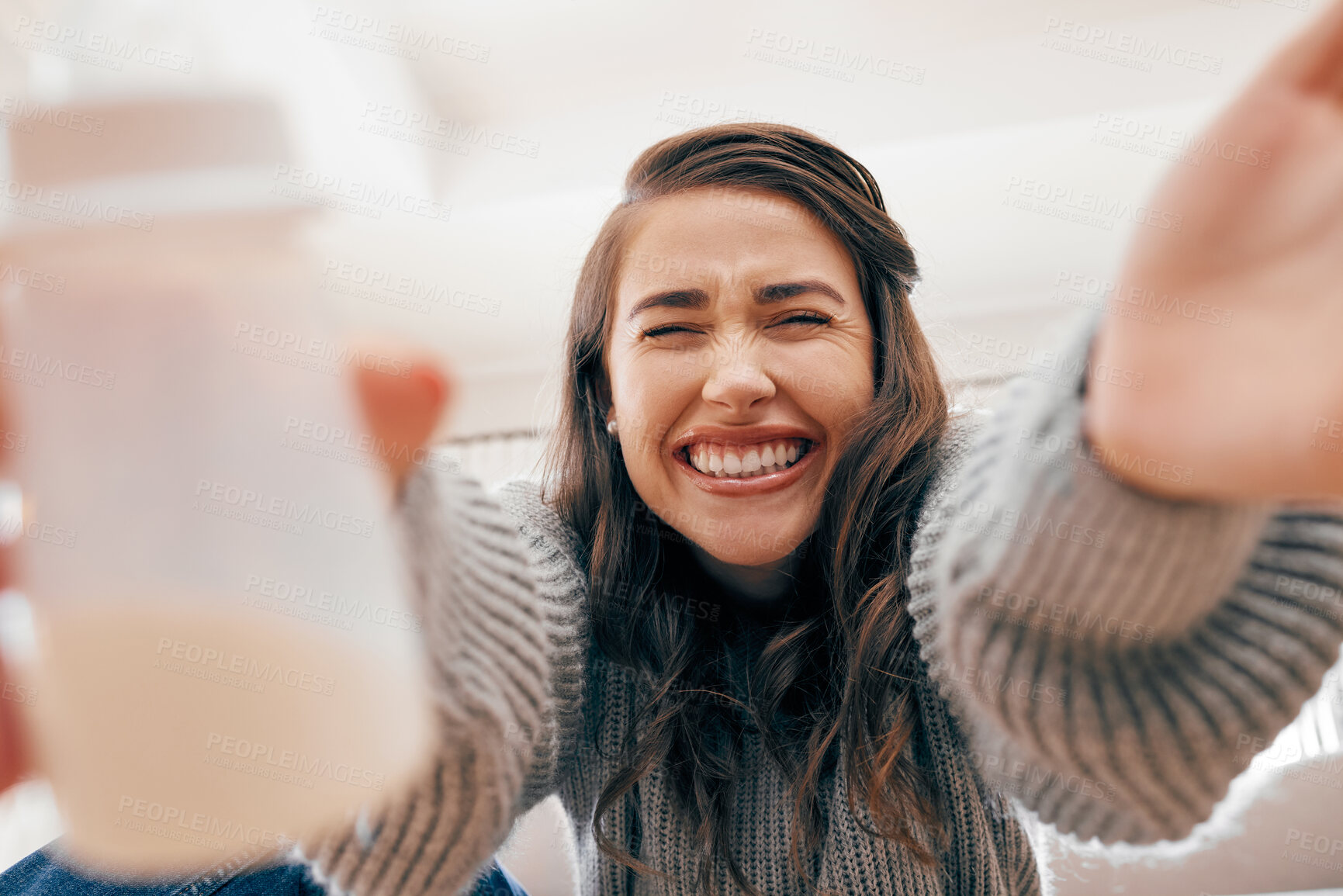 Buy stock photo Baby, pov and woman with excited, low angle and play with infant as cheerful, happy and parent. Female person, home and child development for motor skills, cognition or behavior for bonding or care