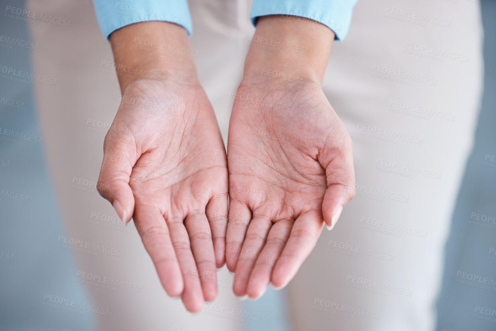 Buy stock photo Receive, person and empty hands for asking of donation, support or help for startup company. Trust, care and small business owner with open palms from above for honesty, offering or giving gesture.