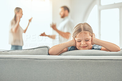 Buy stock photo Divorce, parents and child covering ears on sofa with argument for conflict, disagreement or fighting in living room. Scared girl, angry man and woman for paternity test, distrust or wife with affair