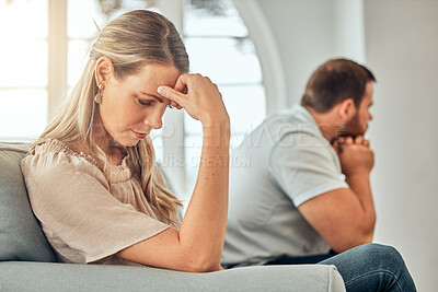 Buy stock photo Couple, fighting and woman frustrated on sofa, marriage issue and conflict resolution in home. Infidelity, cheating spouse and drama on couch, relationship crisis and disagreement for betrayal