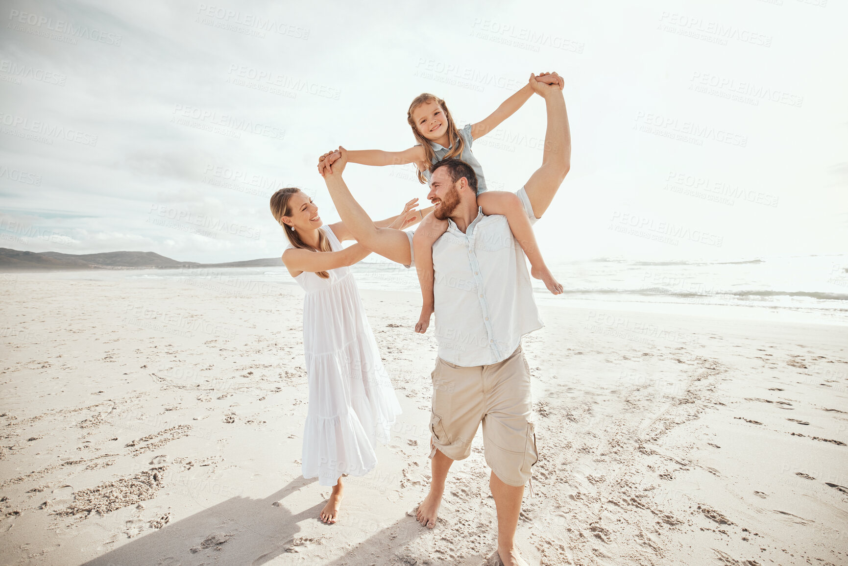 Buy stock photo Love, airplane and parents with child at a beach for piggyback games, support and adventure in nature together. Travel, safety and happy family at sea with balance, care and shoulder ride bonding