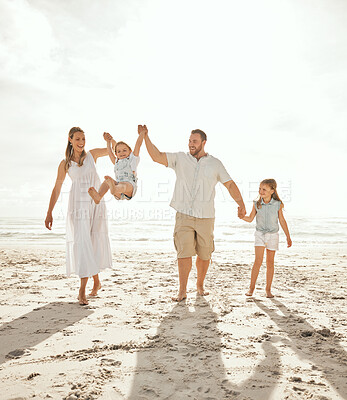 Buy stock photo Holding hands, swing and kids with parents at beach for sunrise games, freedom and adventure together in nature. Support, lifting or happy family at ocean for travel, journey or fun bonding in Cancun