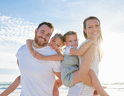 Buy stock photo Travel, beach and family portrait for children by sea for bonding, relaxing in nature and holding hands together. Father, trust and happy mom with kids by ocean on holiday, vacation and adventure