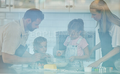 Buy stock photo Parents, teaching or family baking with kids in kitchen for child development to prepare cookies. Father, mother or children siblings learning recipe for bonding, cooking or dessert for love in home 