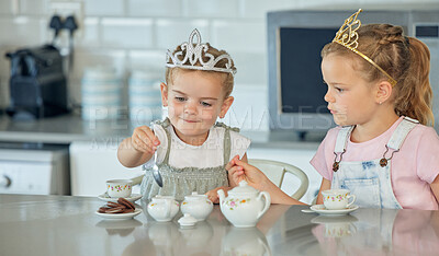 Buy stock photo Girl, children and playing in kitchen with tea party for childhood fun, cookies and tiara for pretend. Kids, siblings and toys in home with happiness or love, bonding and growth or development.