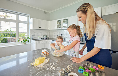 Buy stock photo Mom, teaching or happy family baking with children in kitchen for child development to prepare cookies in home. Smile, mother or kids siblings learning recipe for bonding, cooking or dessert for love