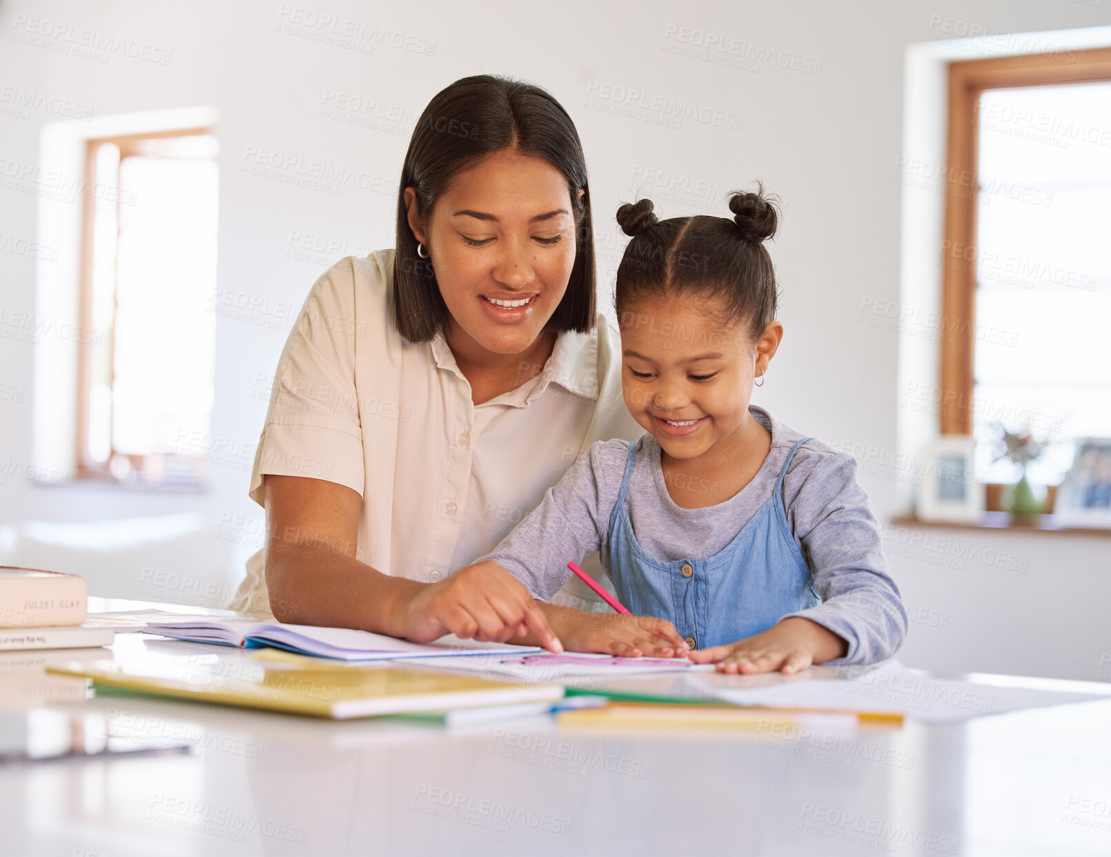 Buy stock photo Woman, child and books for education at house learning, studying and homework of creative drawing of knowledge growth. Smile, mother and girl with project, reading and teaching support in living room