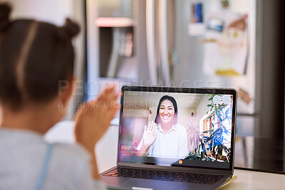 Buy stock photo Laptop, virtual call and girl wave to teacher in home, e learning and child development or talk. Female person, online class and kid for education or video conference for lesson, hello and study