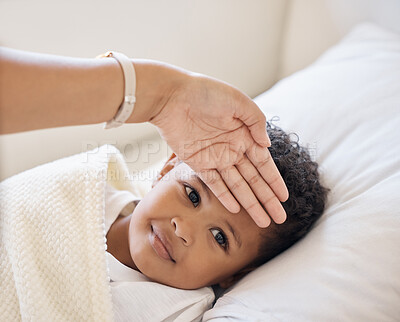 Buy stock photo Hand, mother and forehead check for sick child in bed for fever, risk or influenza, worry or virus in their home together. Love, parenting or mom feeling boy kid in bedroom with infection or illness