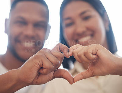 Buy stock photo Heart, hands and portrait of happy couple in house with gesture for love, support and thank you sign. Finger, frame and people at home with kindness emoji, romance and valentines day bonding