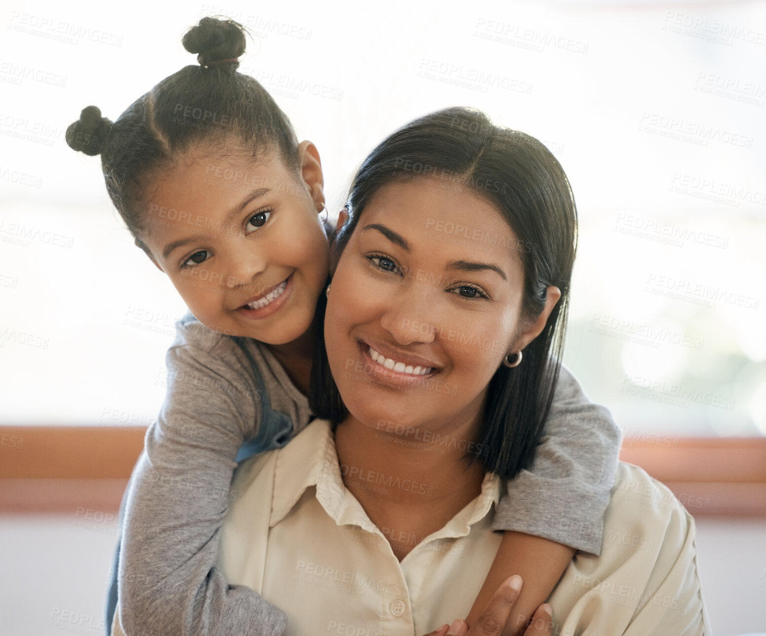 Buy stock photo Love, portrait or mother and daughter hug in house with piggyback care, support and bonding together. Happy family, face and mom with kid in living room for morning, games and security in apartment