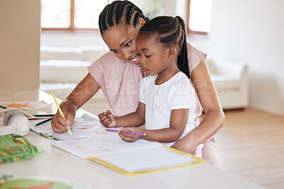 Buy stock photo Woman, daughter and black family in drawing, lounge for bonding or together for happiness in home. Mother, girl and art for education, craft and learning for memory, growth and development on weekend