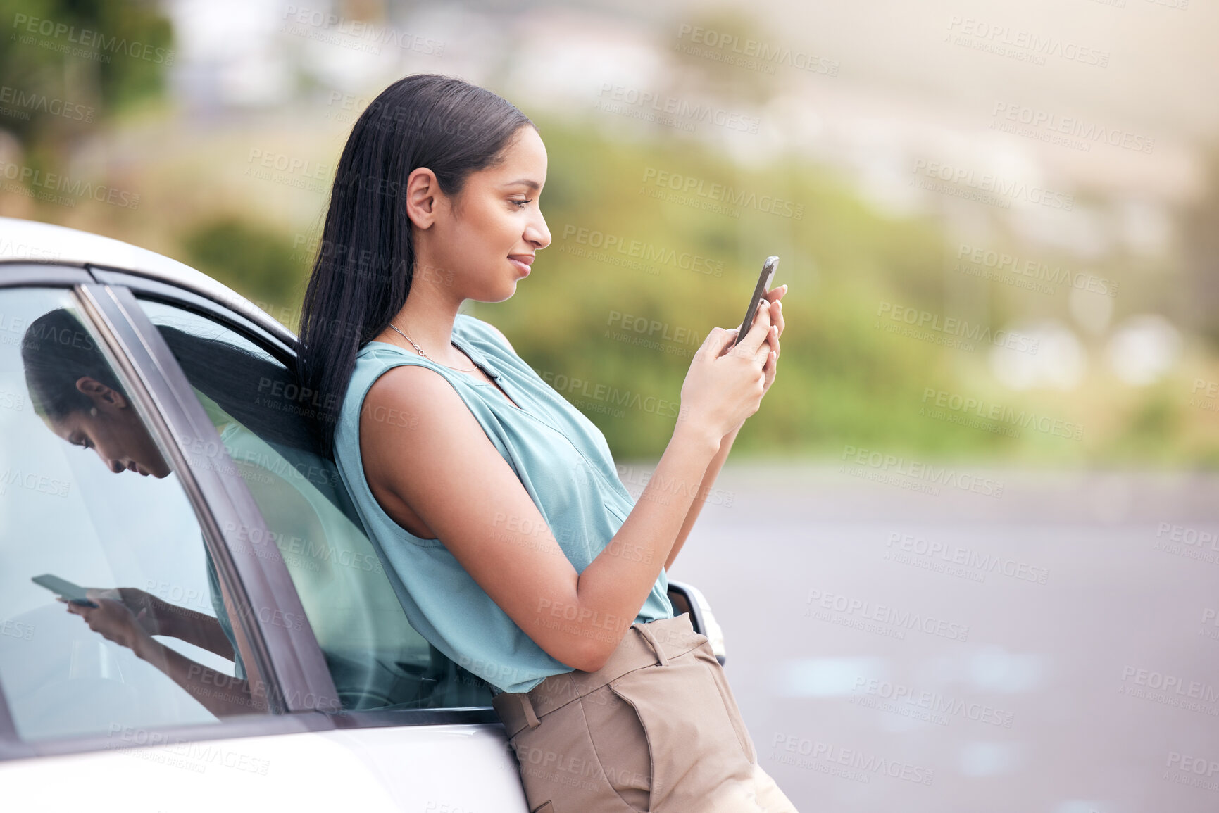 Buy stock photo Car, phone or travel and road trip woman with app for directions, social media or text message. Communication, drive or navigation and tourist person typing on mobile with vehicle for journey