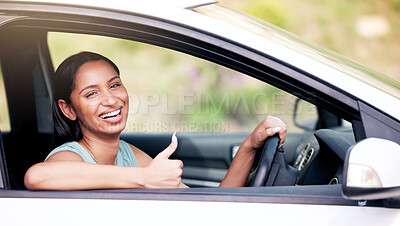 Buy stock photo Happy, woman and driving with portrait or thumbs up for car insurance, travel and journey or adventure. Girl, hand gesture and satisfaction with vehicle for transportation, drivers test and license.