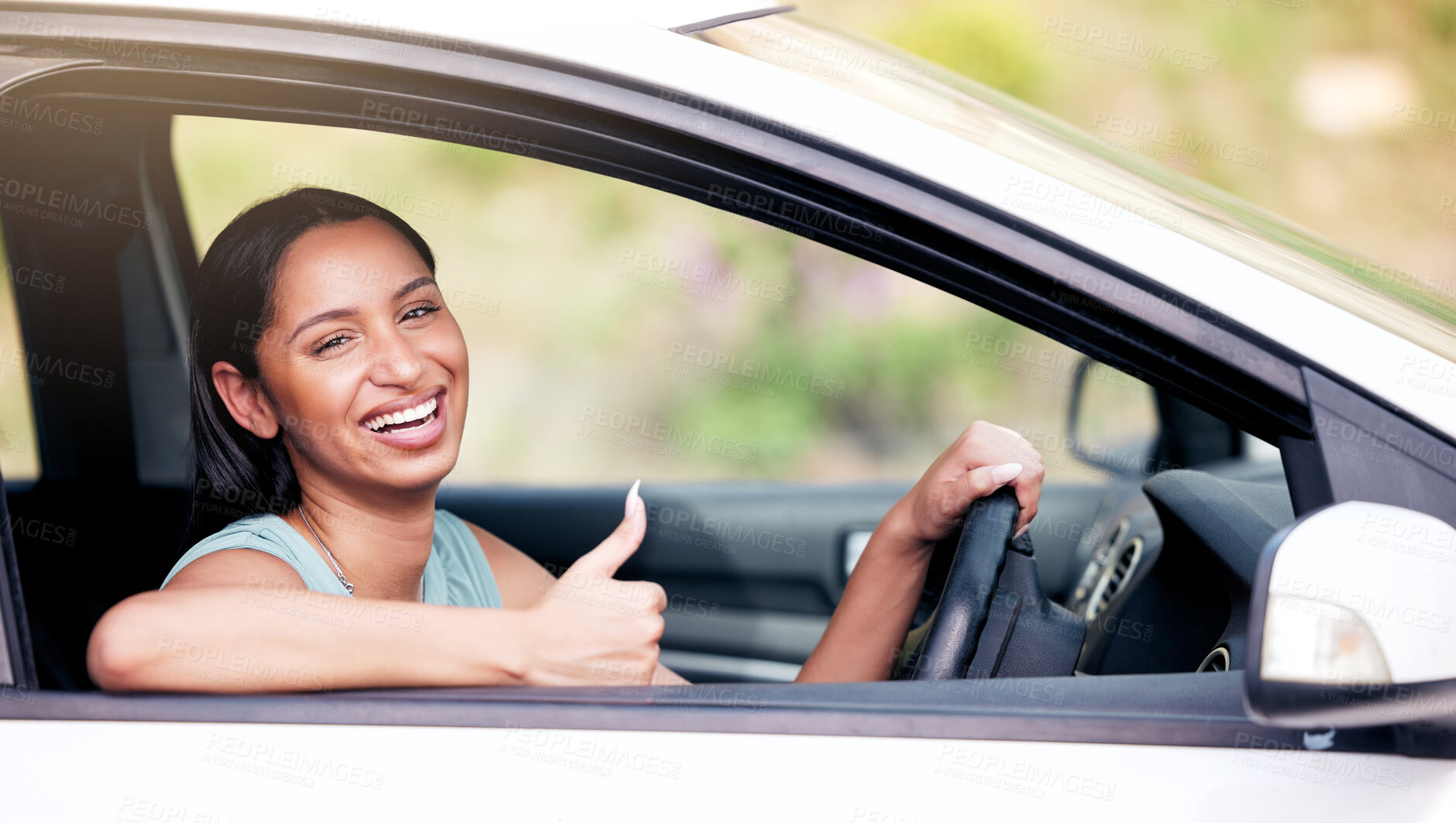 Buy stock photo Happy, woman and driving with portrait or thumbs up for car insurance, travel and journey or adventure. Girl, hand gesture and satisfaction with vehicle for transportation, drivers test and license.