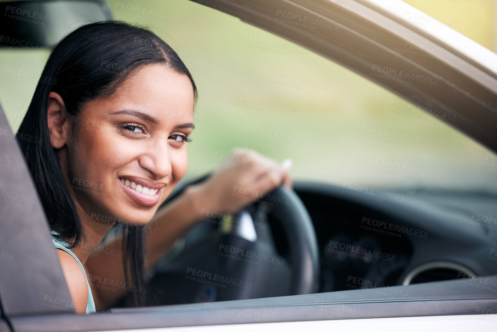 Buy stock photo Travel, drive and portrait of woman in car for road trip, adventure and outdoor journey on weekend. Happy, female person and smile in automobile with transport for summer holiday, trip and vacation