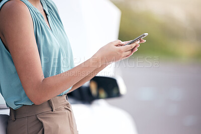 Buy stock photo Woman, hands and car breakdown with smartphone for emergency, help and contact insurance. Female person, driver and texting or communicating with vehicle mechanic for engine fail, repair and help