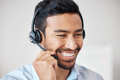 Buy stock photo Call center, customer service and man consultant with headset for online consultation in office. Technology, contact us and happy male technical support, telemarketing or sales agent in workplace.