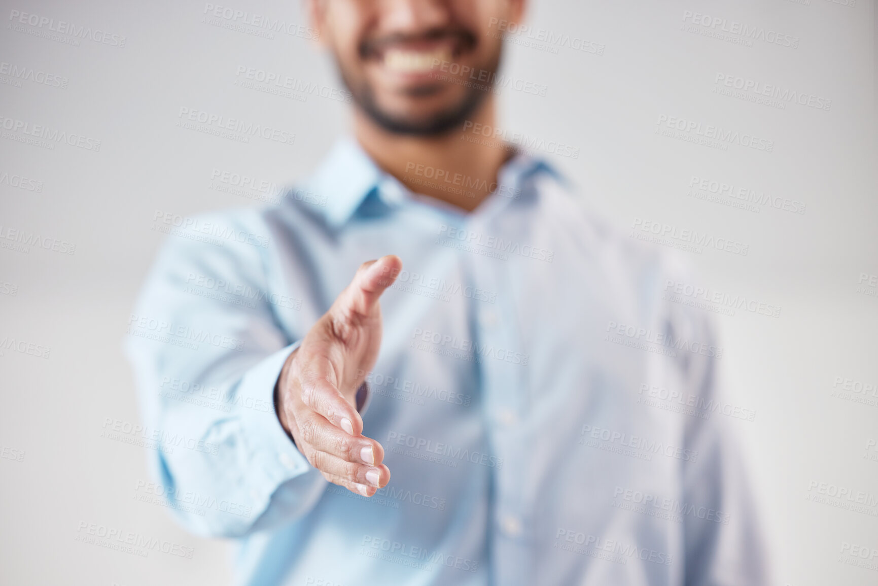 Buy stock photo Office, businessman and stretching of hand with smile for consultation, introduction and welcome. Corporate, employee and person with handshake gesture for partnership, agreement and opportunity