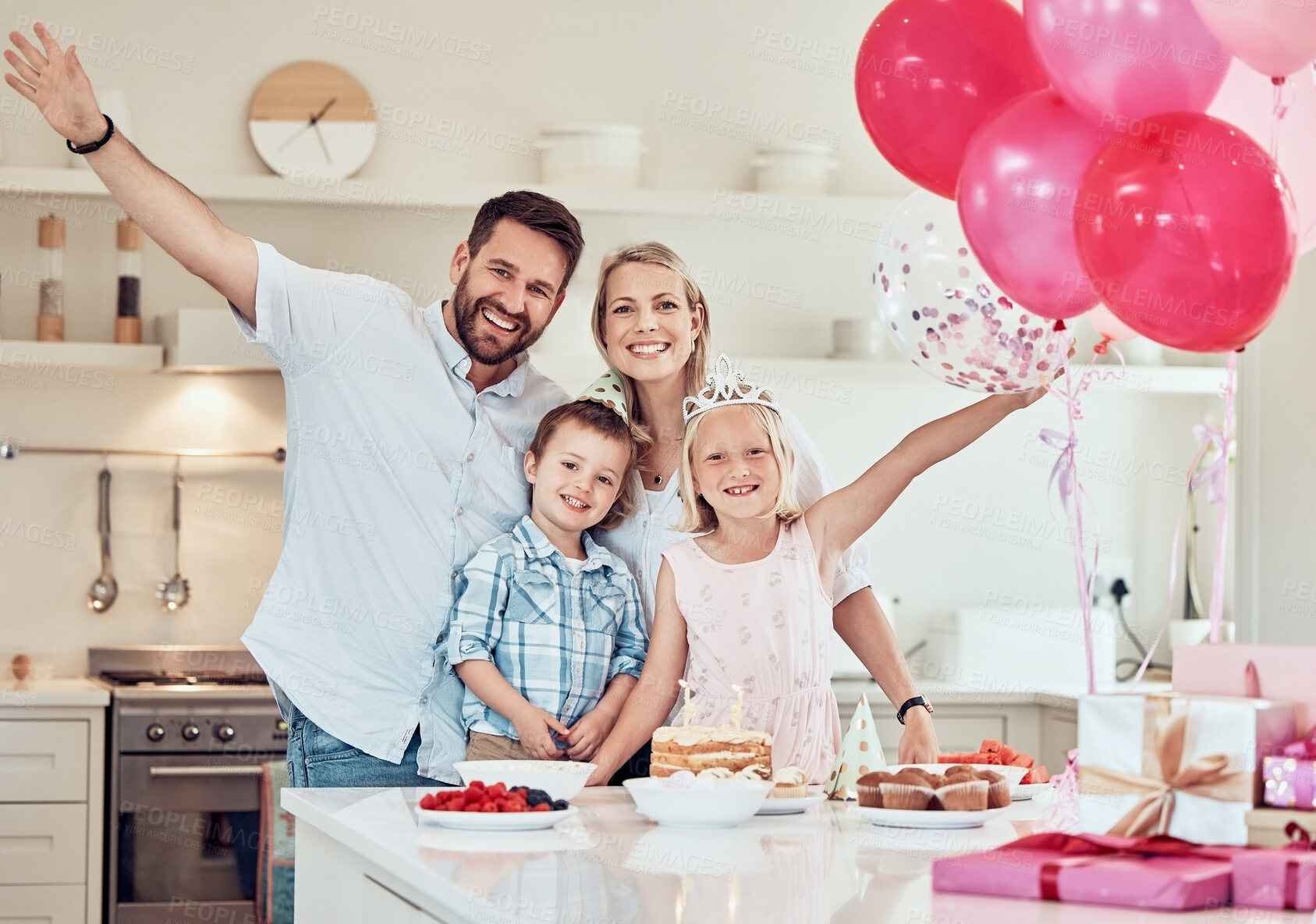 Buy stock photo Portrait, family and kids with party for birthday, excited celebration and bonding together with cake candles in home. Happy man, woman and children for surprise event, dessert food and balloons