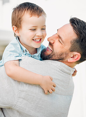 Buy stock photo Outdoor, dad and playing with boy, bonding and love of single father, carefree and parent to child. Summer, toddler and cute moment with papa, break and weekend for fun, relax and together in home