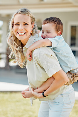 Buy stock photo Portrait, mother and piggyback son outdoor for love, bonding hug and playful interaction of support at house. Smile, woman and child with embrace for family security in backyard for childhood memory