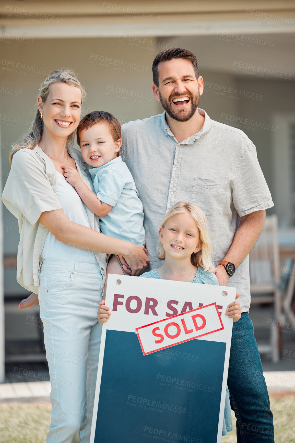 Buy stock photo Real estate, parents and kids with house sale or sold poster with smile for property ownership. Investment, family and happy or satisfied on portrait at home with insurance for protection or security