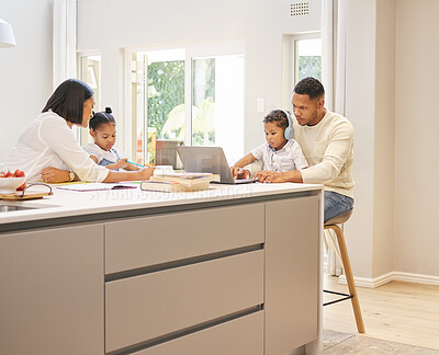 Buy stock photo Parents, children and laptop in kitchen with books for education, online learning or development. Technology, young kids and father man with woman for teaching, support or knowledge in family home