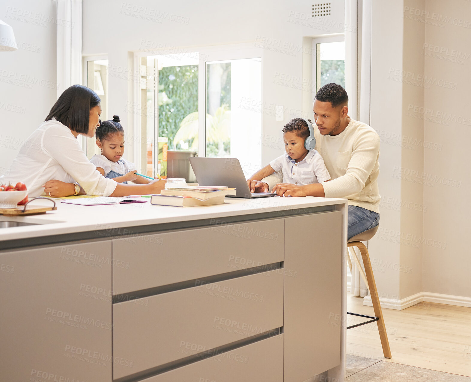 Buy stock photo Parents, children and laptop in kitchen with books for education, online learning or development. Technology, young kids and father man with woman for teaching, support or knowledge in family home