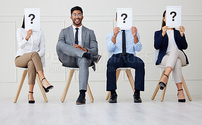 Buy stock photo Poster, question mark and portrait of businessman with team in waiting room for recruitment, offer or onboarding. Hiring, information and people at hr office with sign, faq or help for job interview