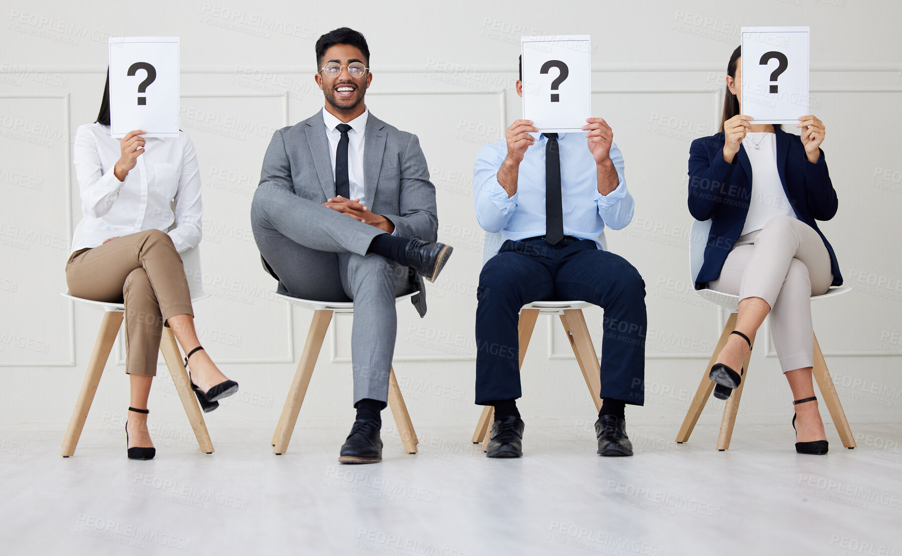 Buy stock photo Poster, question mark and portrait of businessman with team in waiting room for recruitment, offer or onboarding. Hiring, information and people at hr office with sign, faq or help for job interview