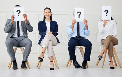 Buy stock photo Recruitment, poster and portrait of woman with team in waiting room for job interview, faq or information. We are hiring, question mark or business people art hr office with sign for onboarding steps