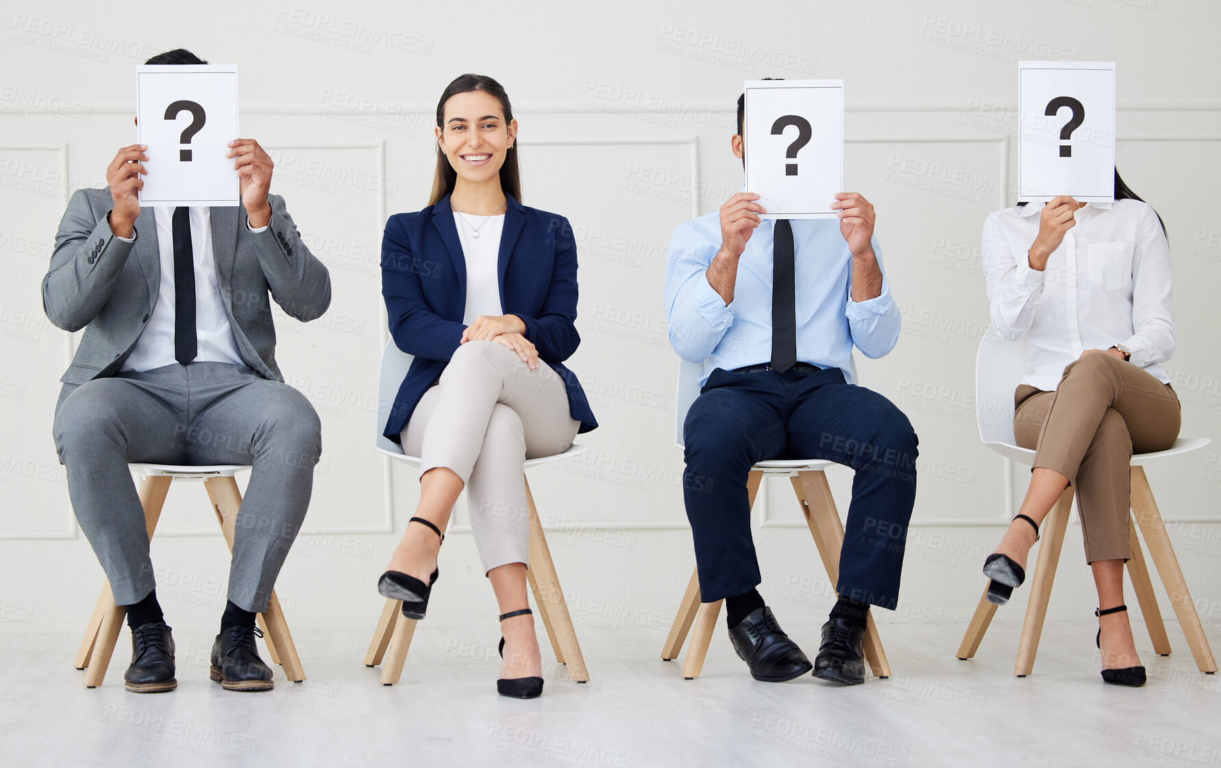 Buy stock photo Recruitment, poster and portrait of woman with team in waiting room for job interview, faq or information. We are hiring, question mark or business people art hr office with sign for onboarding steps