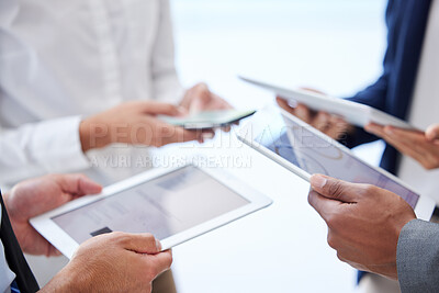 Buy stock photo Business people, circle and hands with tech in office for schedule, planning and communication. Corporate, team and employees with multimedia at work for data sync, download and digital networking