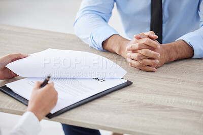 Buy stock photo Hiring, manager and man hands with contract and table with paper and clipboard for interview at company. CV, HR and candidate for job, office and opportunity of professional with document and resume