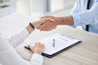 Buy stock photo Hiring, manager and handshake with resume and signature with clipboard for interview at company. CV, HR and candidate for job, office and opportunity of professional with document and agreement