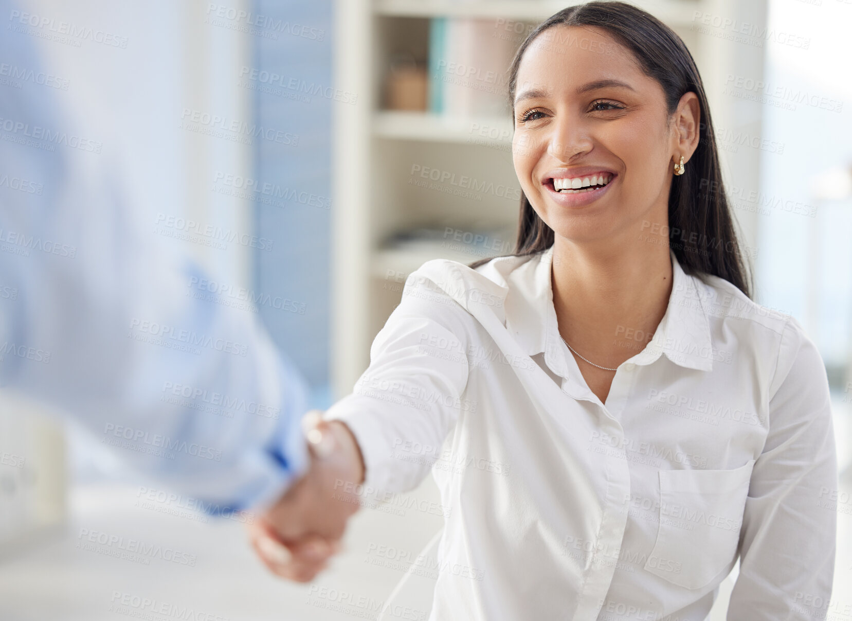 Buy stock photo Job interview, hiring and happy girl with handshake in office for recruitment, success or contract offer. Thank you, welcome or employee and hr shaking hands for recruitment, deal or b2b opportunity