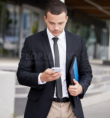 Buy stock photo Walking, hands and businessman with mobile in city for networking, communication or commute to meeting. Corporate, professional and strategy consultant for travel, check calendar or reading email