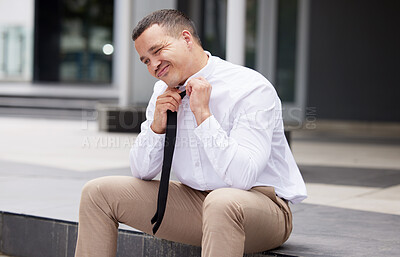 Buy stock photo Business man, city and loosen tie for frustrated, sad and job fail of professional outdoor. Employee, mistake and overworked corporate lawyer with burnout and upset from attorney case loss or problem