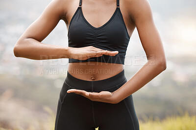 Buy stock photo Woman, nature and hands for gut health with balance, outdoor exercise for spiritual wellness. Female person, fitness and digestion in countryside with healing, training or stomach workout for colon