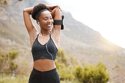 Buy stock photo Fitness, stretching and black woman in nature for running, workout or training at sunset with music. Exercise, wellness or runner streaming podcast with body warm up for morning, sports or cardio