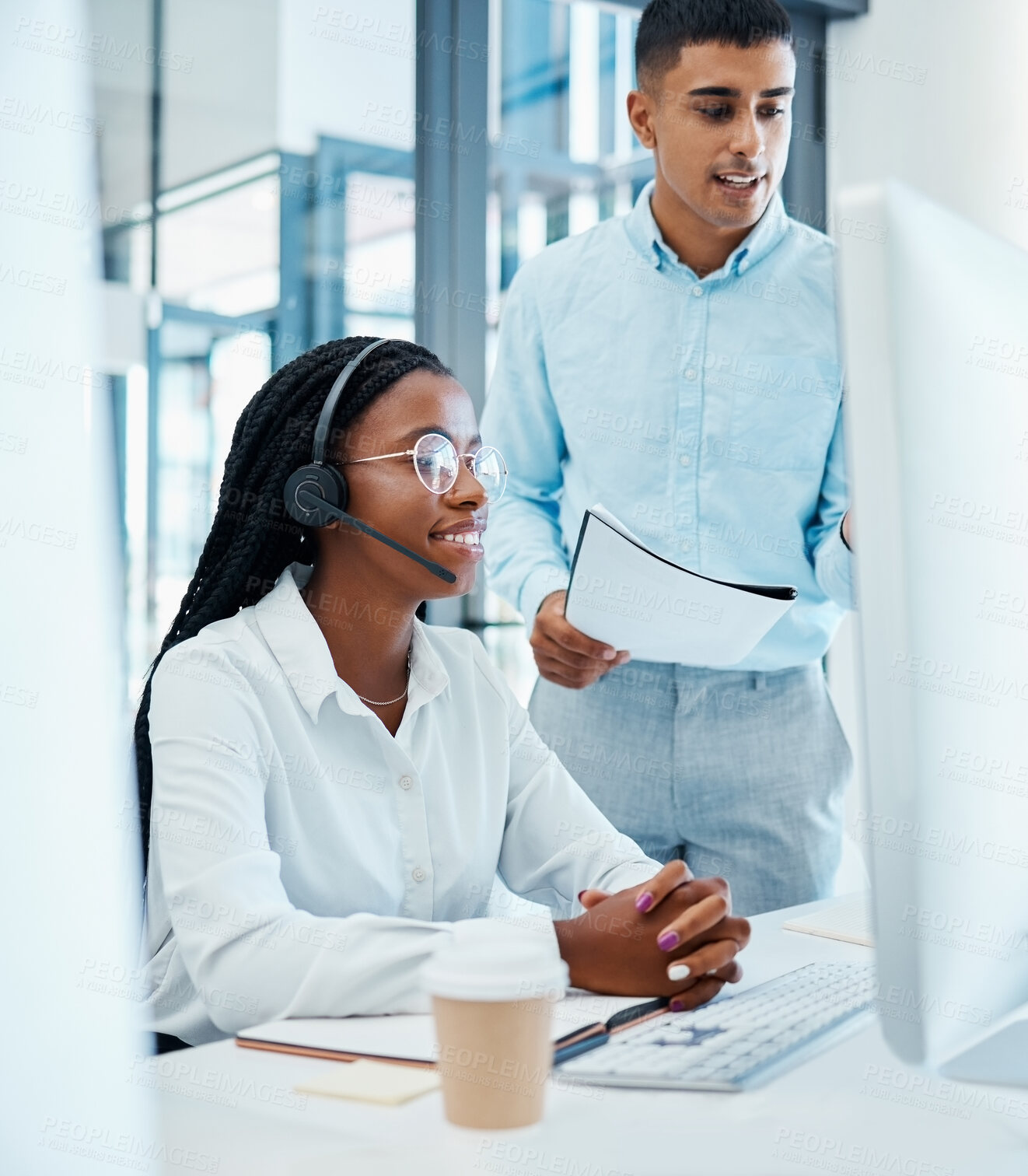 Buy stock photo Woman, man and call center by computer for training with documents, review or advice for internship. People, coaching or mentorship for telemarketing career with feedback, inspection and test for job